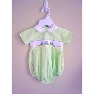 Petite Bebe light green owl smocked romper 9 months
